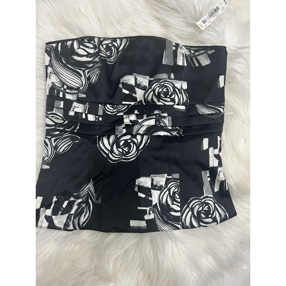 White House Black Market Floral Bustier Top Satin Strapless Black White 0 NWT